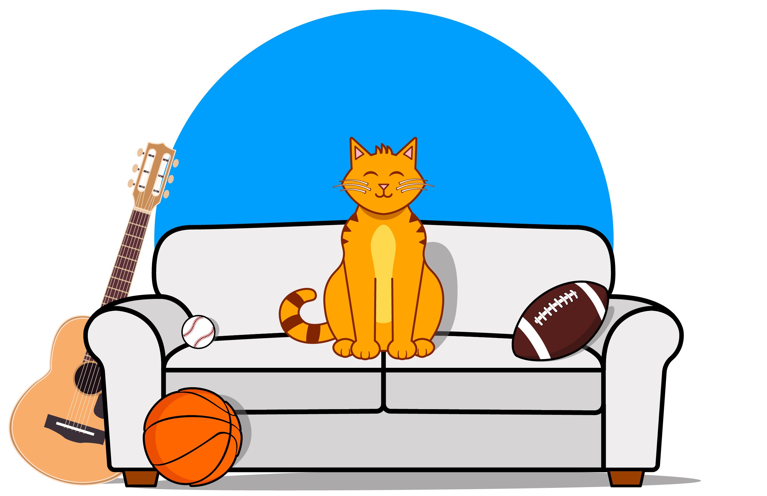 Cat on Couch with Guitar and Football